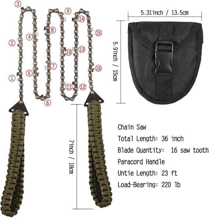 Pocket Chainsaw with Paracord Handle 36 Inches 16 Teeth Long Chain Hand Saw Fast Wood & Tree Cutting Emergency Survival Gear Best for Camping Backpacking Hiking Hunting.