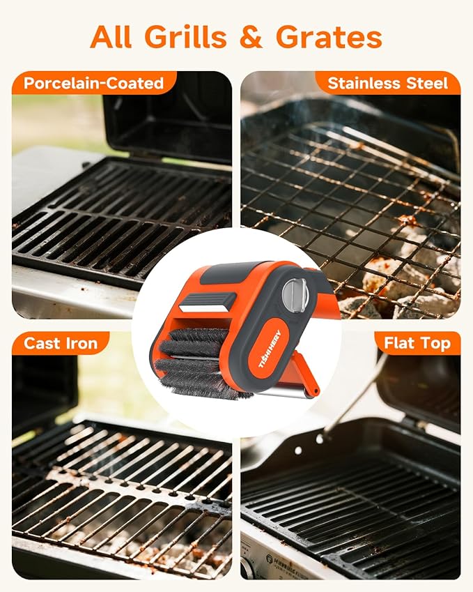 Electric Spin Grill Brush for Outdoor Grill, 750 RPM High-Speed Stainless Steel Brush Head, 3000mAh Battery, No Preheating Grill, No Bristle Shedding, Rechargeable BBQ Grill Brush with LED Light