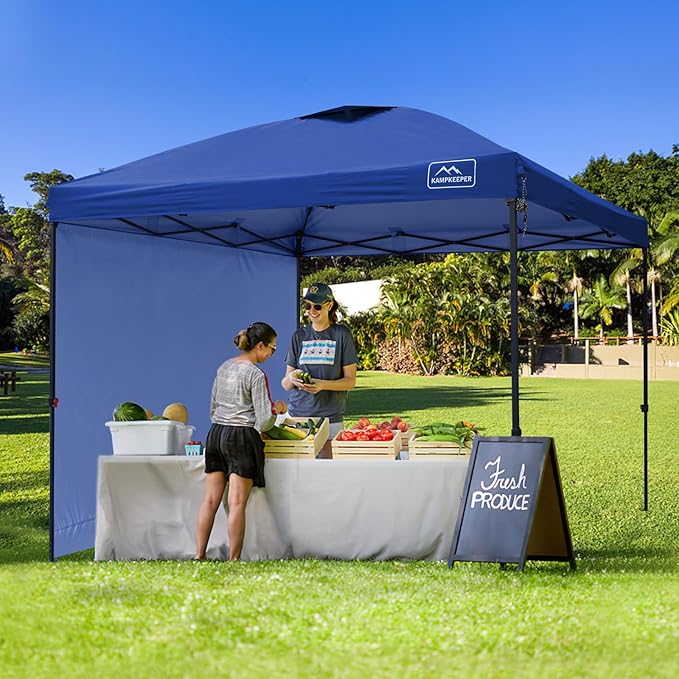 KAMPKEEPER 10x10 Pop Up Canopy Tent with 2 Sidewalls, Beach Tent - Easy Outdoor Sun Shade for Events, Parties, Camping - Gazebo with 4 Weight Bags & Carry Bag.(Navy Blue)