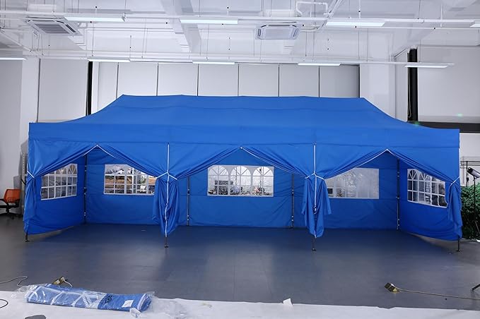 COBIZI 10x30 Pop Up Canopy with 8 Sidewall,Heavy Duty Canopy UPF 50+ All Season Wind Waterproof Commercial Outdoor Wedding Party Tents for Parties Canopy Gazebo with Roller Bag(10 x 30 ft Dark Blue)