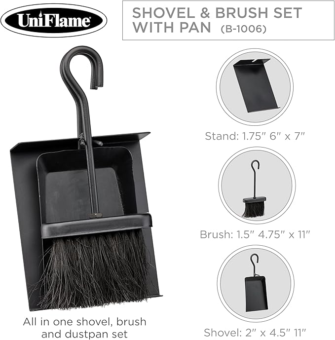 UniFlame Black Fireplace Ash Shovel and Brush Set with Pan