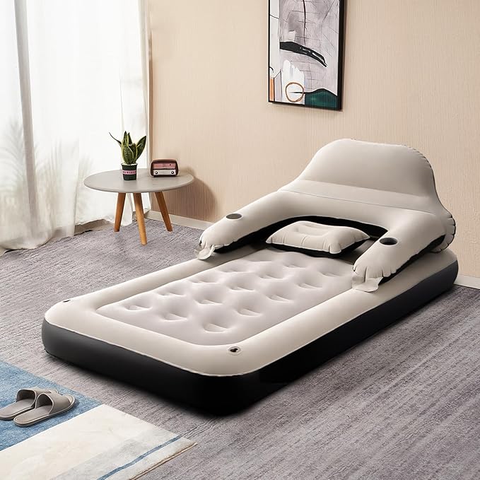 RAPTAVIS Twin Size Air Mattress Sofa Bed with Headboard and Pillow, Inflatable Bed for Outdoor Overnight