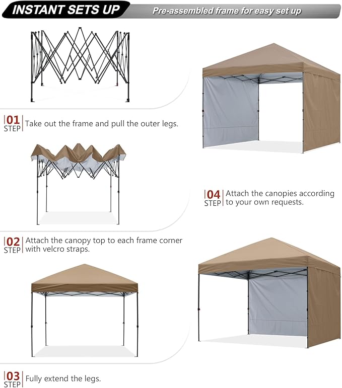 ABCCANOPY Easy Pop up Canopy Tent with 2 Sidewalls for Outdoor Sun Blocking or Rain Protection,10x10,Khaki