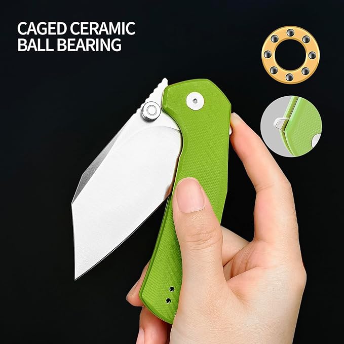ioko Folding Pocket Knife, 3.5-Inch D2 Steel Blade, G10 Handle, EDC Camping Survival Knife with Clip (Green)