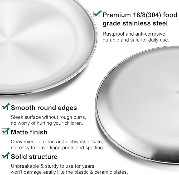 Homikit 6 Pack Stainless Steel Plates, 8 Inch Metal Kids Toddler Dinner Plate Set Non Toxic, 304 Round Camping Plates for Serving Dishes Dessert Salad, Unbreakable & Reusable, Dishwasher Safe