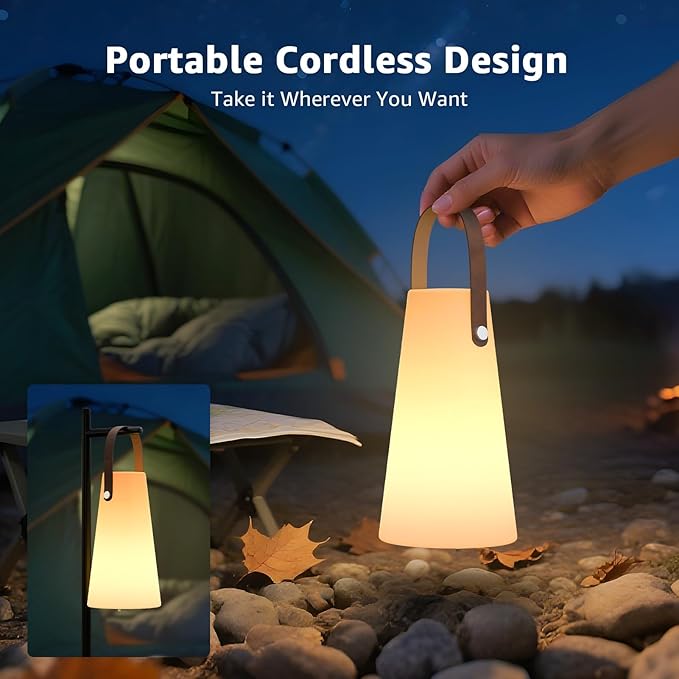 2 Pack Outdoor Lanterns, GGII Rechargeable Lantern with IP44 Water-Resistant, Portable Cordless Outdoor Table Lamp RGB Colors for Patio Garden Camping Party (Leather)