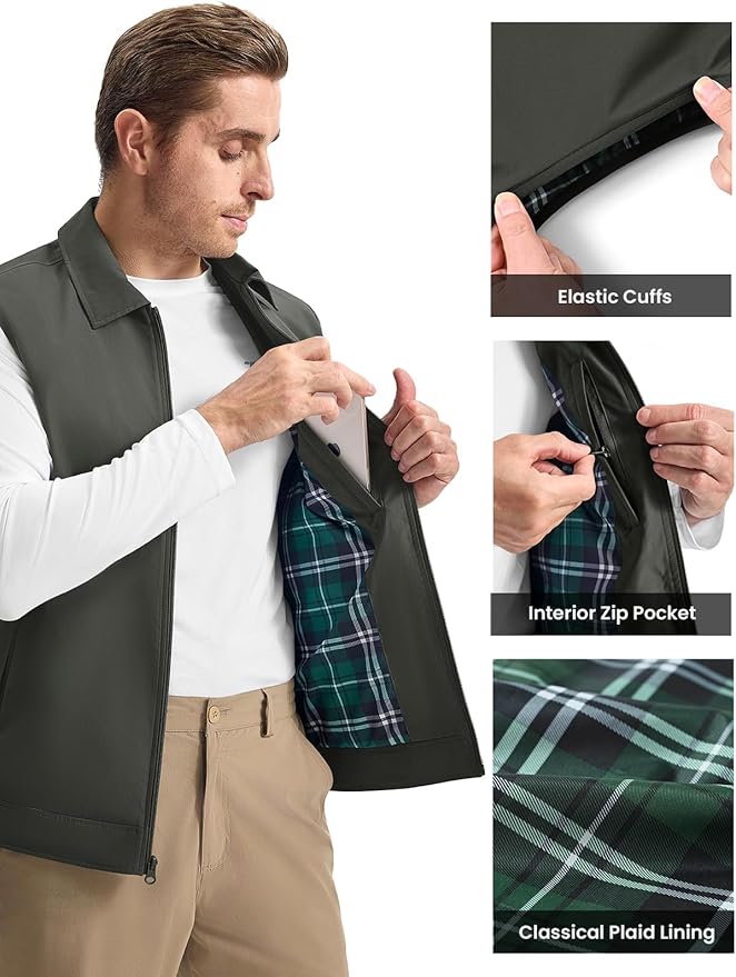 Rdruko Men's Golf Vest Lightweight Outerwear Windproof Water Resistant Grid Lining Vest with Zipper Pockets for Casual