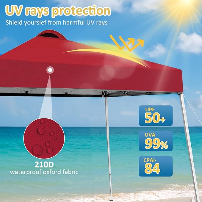 8x8 Top Pop Up Canopy Tent with Central Lock Design, Slant Legs, Backpack, Easy Outdoor Sun Shade for Events, Parties, Camping(Red)