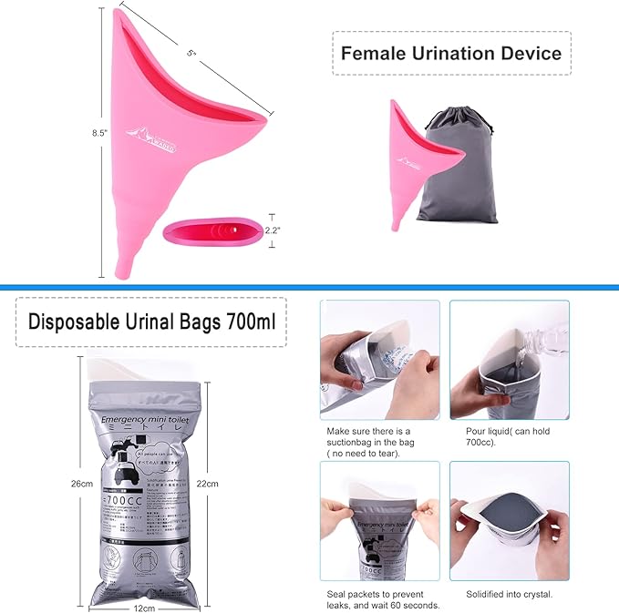 Portable Toilet for Camping, Porta Potty for Adults, Outdoor Folding Travel Toilet with Lid and Retractable Paper Holder, Includes Carry Bag, Female Urination Device and 4 Disposable Urine Bags