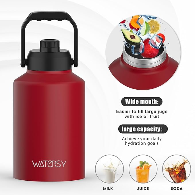 1 Gallon Water Bottle Insulated(Cold for 48 Hrs),BPA Free&Leak Proof,128oz Stainless Steel Water Jug,Big thermo,Large Water Bottle with Handle for Gym,Hiking,Camping&Travel,Red