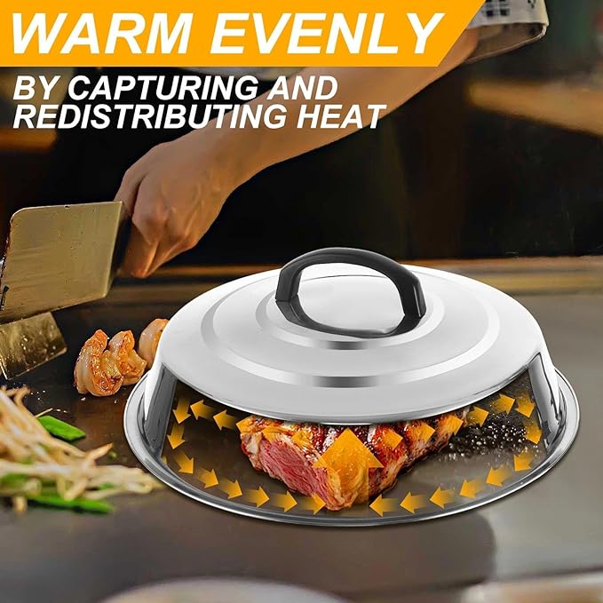 4 Sets Cheese Melting Dome, Stainless Steel Round Basting Steaming Cover, Metal Griddle Grill Accessories Griddles Lid for Flat Top Griddle Teppanyaki BBQ Cooking Indoor & Outdoor