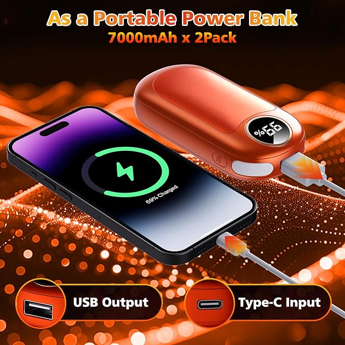Hand Warmers Rechargeable 2 Pack, Dual Sided Electric Hand Warmer, 20Hrs Warmth, 8 Heating Mode, Portable Charging Pocket Heater for Men, Women, Raynauds, Camp, Hunting, Golf