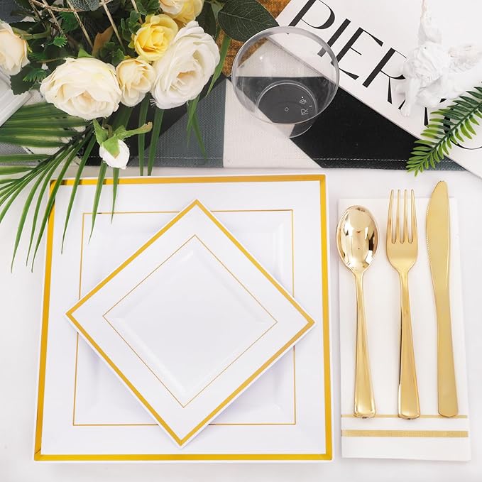 Festiva 176Pcs Gold Plates Disposable - Square Party Plates Dinnerware Sets - include Cups,Plastic Cutlery,Hand Napkins,Tablecloth for 25 Guests Party&Wedding&Christmas&Thanksgiving