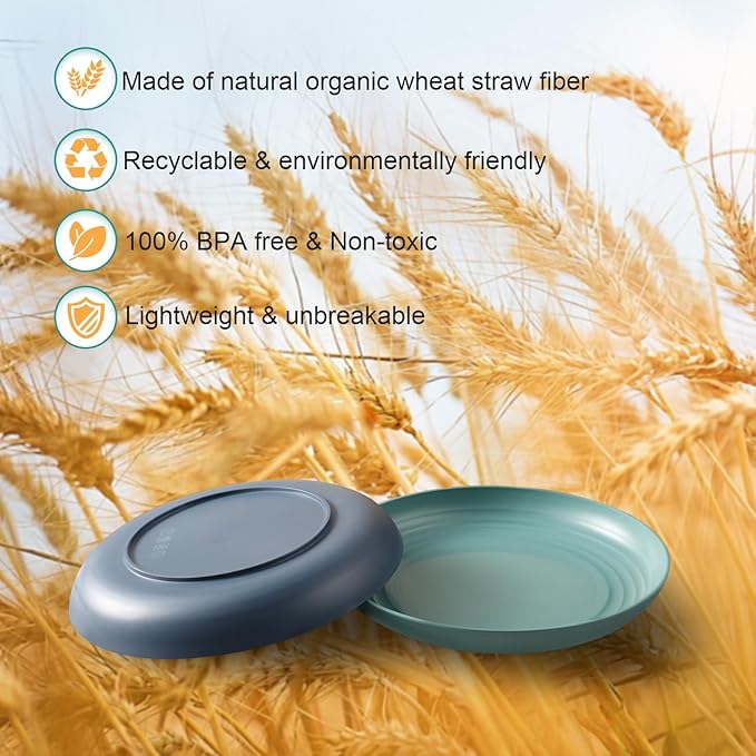 12 Pcs Unbreakable Deep Dinner Plates Set, 10 inch Reusable Plastic Wheat Straw Plates, Microwave and Dishwasher Safe Plate for Kitchen, Lightweight Plate for Dessert, BPA Free, Dark Blue