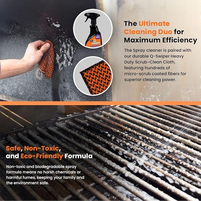 Q-Swiper 2-Minute Miracle Grill & Grate Cleaner | Fast-Acting and Non-Toxic | Cleans and degreases BBQ and Oven cooking grates, racks and walls | Use on Exterior too | Includes Scrub Clean Cloth