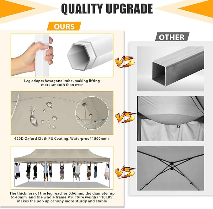 HOTEEL Tents for Parties 10x30 Pop Up Canopy Tent Heavy Duty with 8 Sidewalls, Commercial Party Tent Event Wedding Instant Canopy Waterproof with Carry Bag, UV 50+, Thicked Hexagonal Legs, Khaki