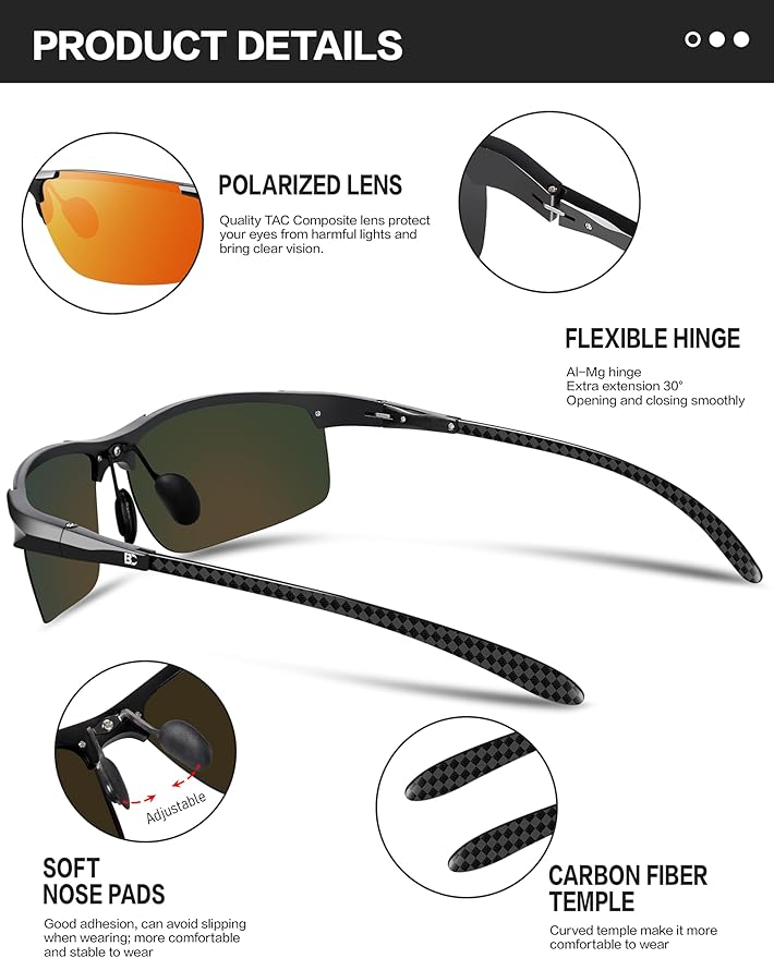 BIRCEN Polarized Carbon-Fiber Sunglasses for Men: Ultralight UV Protection Sun Glasses for Outdoor Sports Fishing Golf Hiking