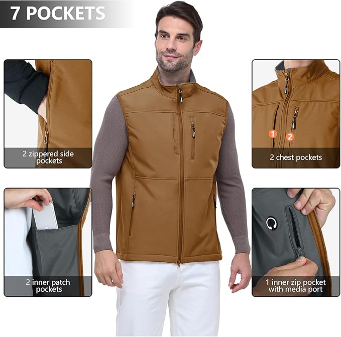 Outdoor Ventures Men's Running Vest Outerwear, Lightweight Windproof Fleece-Lined Softshell Sleeveless Jacket for Golf