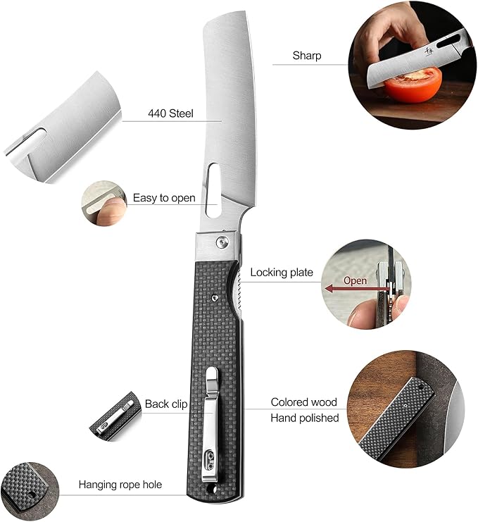 SENBON 440 Stainless Steel Sharp Pocket Folding Chef Fruit Knife Peeling Carbon Fiber Handle Camping Barbecue Outdoor Kitchen Knife with Back Clip