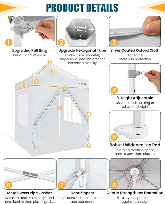 HOTEEL 6.6x6.6 Heavy Duty Pop Up Canopy Tent for Parties Event Wedding Commercial Instant Canopy with Carry Bag, Party Tent Waterproof UV 50+, Upgraded Thick Hexagonal Legs,White