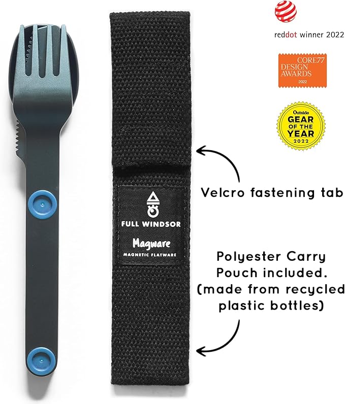 FULL WINDSOR - MAGWARE Magnetic Camping Cutlery Set - Travel Utensils for Camping, Cooking, and Outdoor Dining - Knife, Fork & Spoon - Portable Silverware with Pouch - Blue (3 PCS)