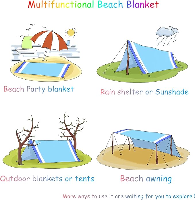 BYDOLL Beach Blanket Waterproof Sandproof 78''ร81'' Suits1-4 Adults Compact Lightweight Oversized Sand-Free Blanket Large Picnic Mat for Beach Travel Camping Hiking