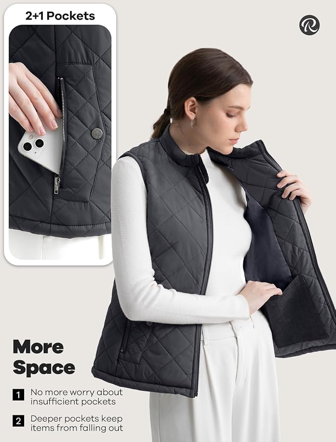Women's Vest, Quilted Puffer Water-Resistant Zip With Pockets
