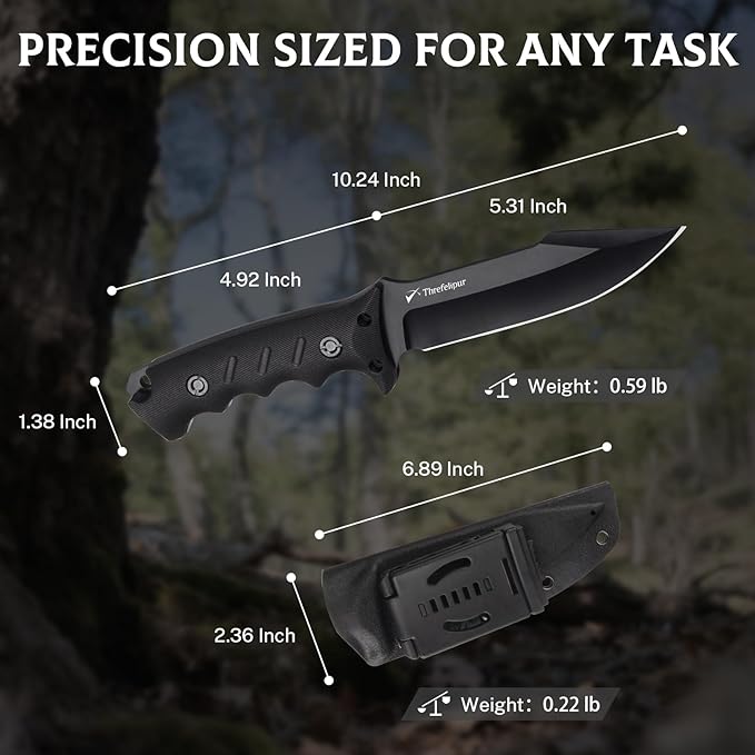 Camping Knife for Men, D2 Steel Fixed Blade Tactical Survival Knife with Sheath - Compact & Portable for Outdoor Hiking, Bushcraft, G10 Handle - Black