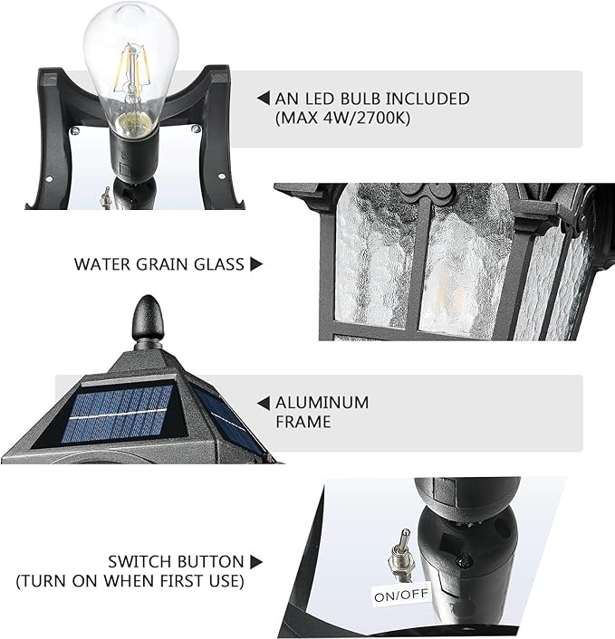 Emliviar Outdoor Solar Lamp Post Light in Black Finish, 22.1" Large Outdoor Lighting with Water Grain Glass Shade for Patio, Vintage Post Lantern LED Bulb Included with Remote Control, YXE302MP-SL BK