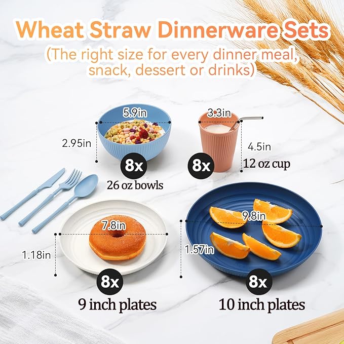 Wheat Straw Dinnerware Sets,64-Piece Plates and Bowls Sets for 8-Unbreakable,Reusable Plastic Dish Set-Dinner Plate/Dessert Plate/Cereal Bowl/Cup/Utensils-Microwave Dishwasher Safe 64P-Oecan Resort