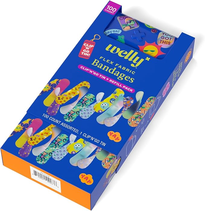 Welly Bandage Clip N' Go Tin & Refill Pack | Adhesive Flexible Fabric Bandages and Tin | Assorted Shapes and Patterns for Minor Cuts, Scrapes, and Wounds - 100 Count