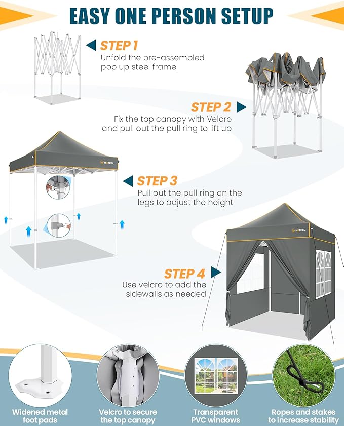HOTEEL 6.6x6.6 Heavy Duty Pop Up Canopy Tent for Parties Event Wedding Commercial Instant Canopy with Carry Bag, Party Tent Waterproof UV 50+, Upgraded Thick Hexagonal Legs,Gray