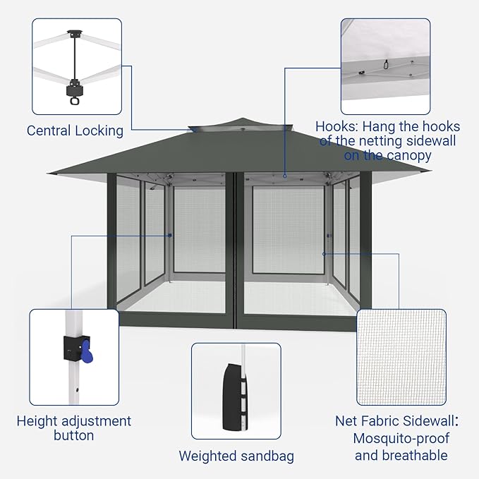 Favofamilie13x13 FT Pop Up Canopy, Instant Setup Gazebo with 4 Sidewall, Wheeled Carry Bag, 4 Sandbags & 4 Ropes, UV-Resistant Top, Heavy Duty Outdoor Shelter for Backyard Camping Events, Grey