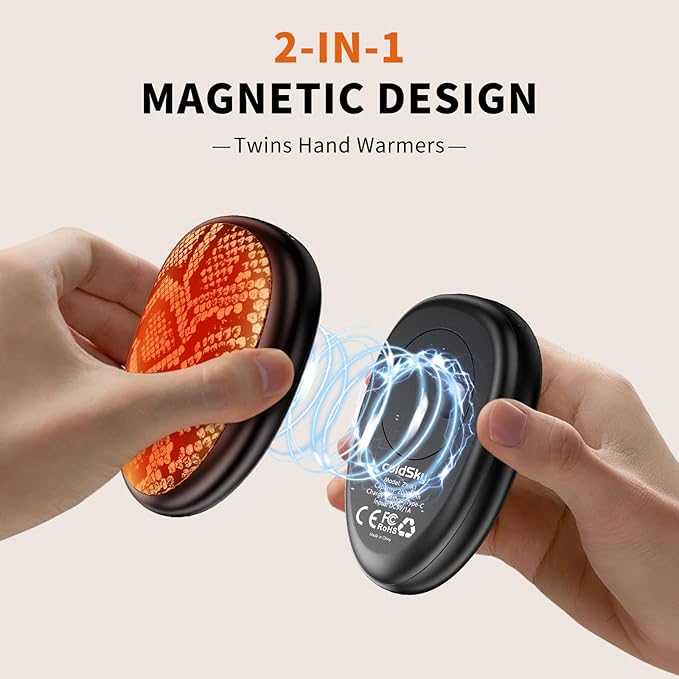 coldSky Rechargeable Hand Warmers 2 Pack, Magnetic 2-in-1 Reusable Electric Hand Warmer, 3 Heat Settings Portable Pocket Hand Heater Gifts for Women Men Christmas, Skiing, Camping, Hunting