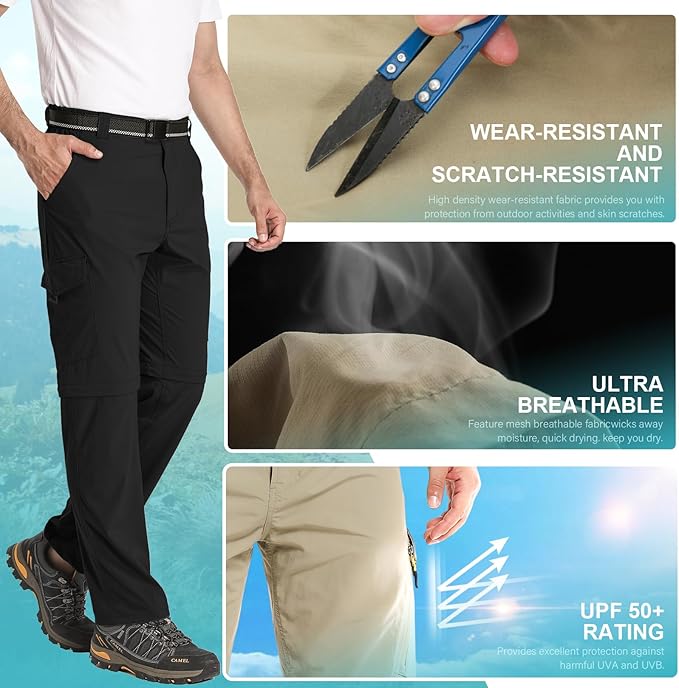 Mens Hiking Pants Convertible Lightweight Quick Dry Zip Off Fishing Safari Camping Travel boy Scout Pants