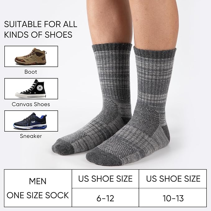 Merino Wool Hiking Socks for Men Moisture Wicking Cushion Thermal Warm Winter Crew Outdoor Boot Socks(5 Pairs)