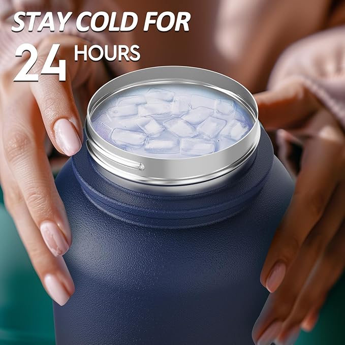 Navigate 32 oz Stainless Steel Insulated Water Bottle,Double Walled Leak Proof Keep Cold for 24 Hrs Hot for 12 Hrs,Wide Mouth Water Jug with Spout & Handle Lids,Blue to Black