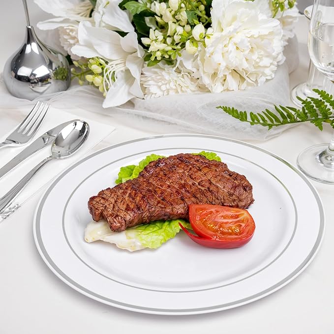 WELLIFE 144 Pieces Silver Plastic Dessert Plates, 7.5 inch Disposable Salad Plates, Premium White Appetizer Plates with Silver Rim, Ideal for Party, Wedding