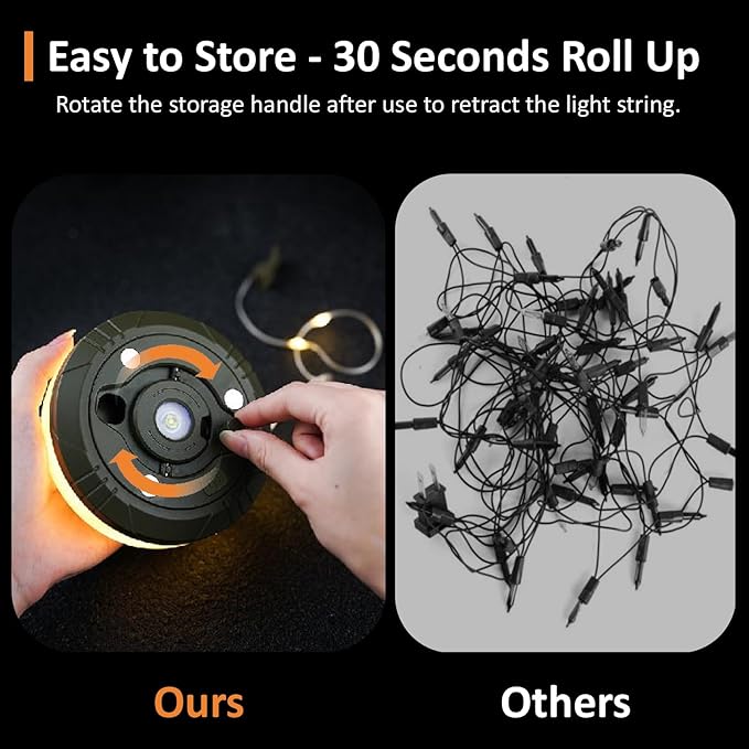 3-Pack Camping String Lights, 4 in 1 Portable Camping Light Rechargeable, 8 Lighting Modes, USB Charging, Quick Storage, 32.8FT Waterproof Tent Lights String for Camping, Hiking, Yard, Christmas