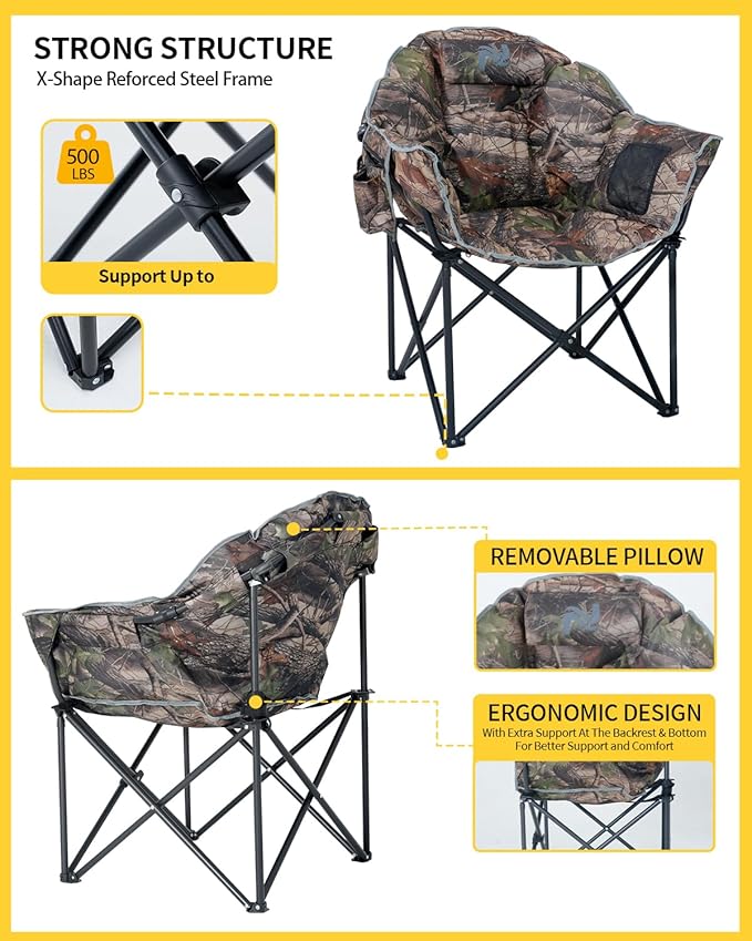 NAIZEA Heated Camping Chair, Oversized Heated Folding Outdoor Chair for Adults with 3 Heat Levels, Portable Foldable Patio Lounge Chair for Sports Outdoors Camp, Battery NOT Included