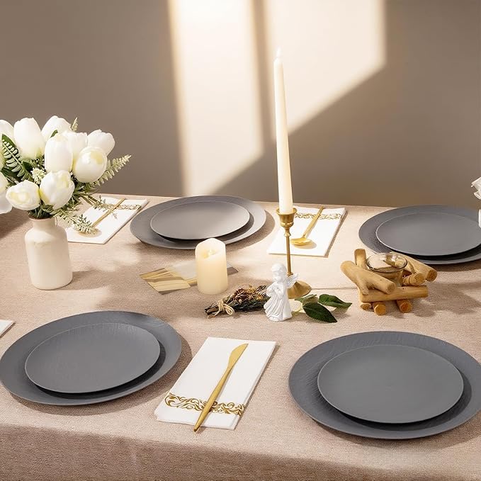 WONDERFUL 32pcs Dark Grey Plastic Plates Reusable Plates Halloween Plates Unbreakable and Dishwasher safe Dishes Set Outdoor Plate Includes:16 Dinner 10" & 16 Dessert Plate 7.3" Suitable for Camping