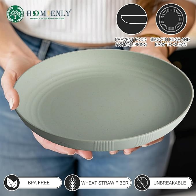 Homienly Wheat Straw Plates, Dinner Plates with Unique Texture Set of 8, Alternative to Plastic Plates, Plate Set for Kitchen, Camping, Unbreakable Microwave and Dishwasher Safe Plate- Light Grey