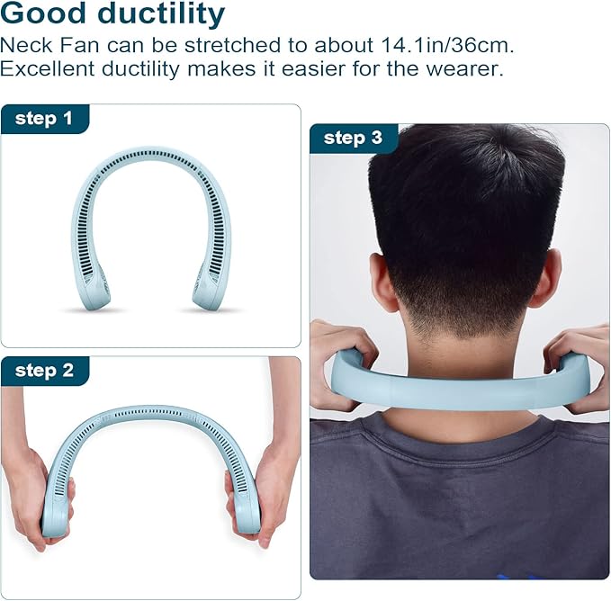 CIVPOWER Neck Fan: Portable Personal Neck Cooling Rechargeable Bladeless Fan - Hands Free 3 Speed 4000 mAh Battery USB Operated Wearable Headphone Design - for Men Women Outdoor Indoor (Light Blue)