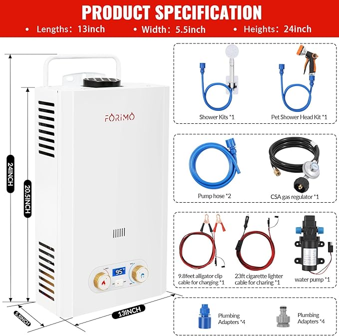 Tankless Water Heater Propane,2.64GPM 10L Outdoor Portable water heater,with 2 GPM Water Pump, with Digital Display Multi-Protection for Camping Trips Boat Cabins