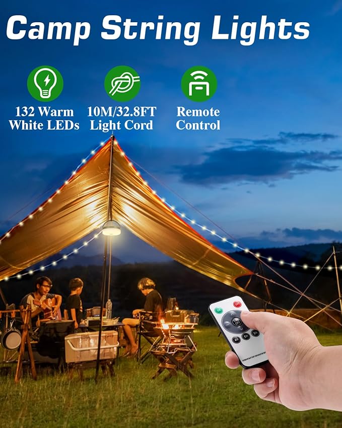 Anpro 4 in 1 Camping String Lights, 32.8 Ft String with Warm White 130 LEDs, USB Rechargeable with Remote Control, Adjustable Brightness, 6 Light Modes, Portable Camping Light for Outdoor, Decoration