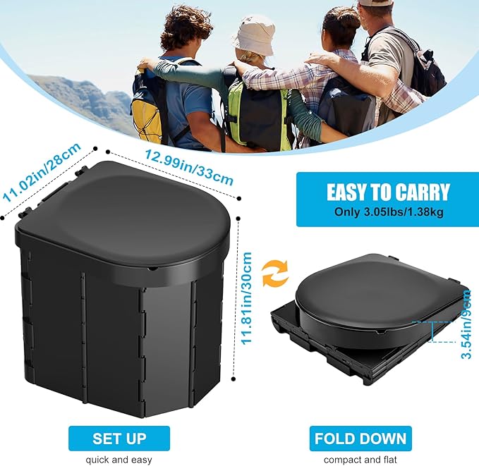 Portable Toilet for Camping, Porta Potty for Adults, Outdoor Folding Travel Toilet with Lid and Retractable Paper Holder, Includes Carry Bag, Female Urination Device and 4 Disposable Urine Bags