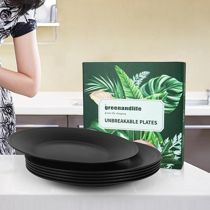 greenandlife 10inch/6pcs Dishwasher & Microwave Safe Wheat Straw Plates, Alternative for Plastic Plates, Lightweight Reusable Unbreakable Dinner Plates, Non-toxin, BPA Free for Kids Adults, Black