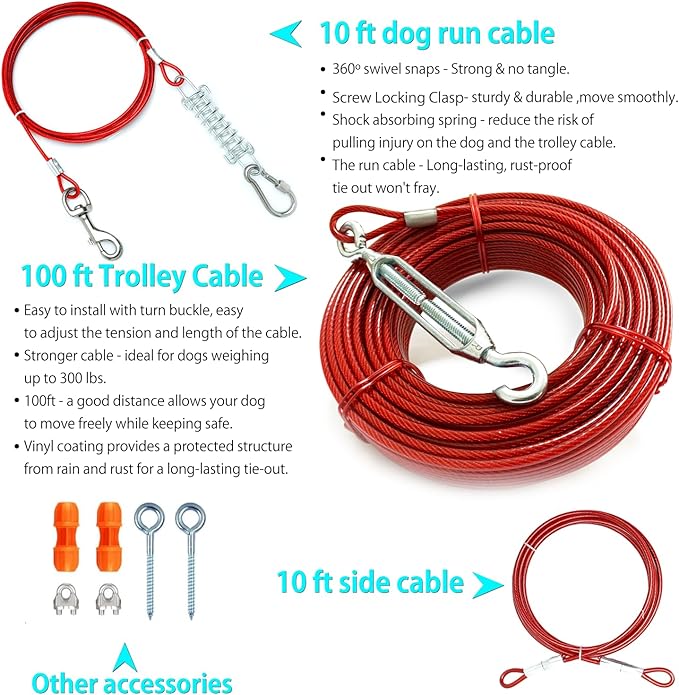 Heavy Duty Aerial Dog Tie Out Trolley System for Small to Large Dogs - Dog Run Cable 100ft /75ft Zipline with 10ft Runner Cable Great for Yard Camping Outdoor (Red, 100 ft for Two Dogs up to 300 lbs)