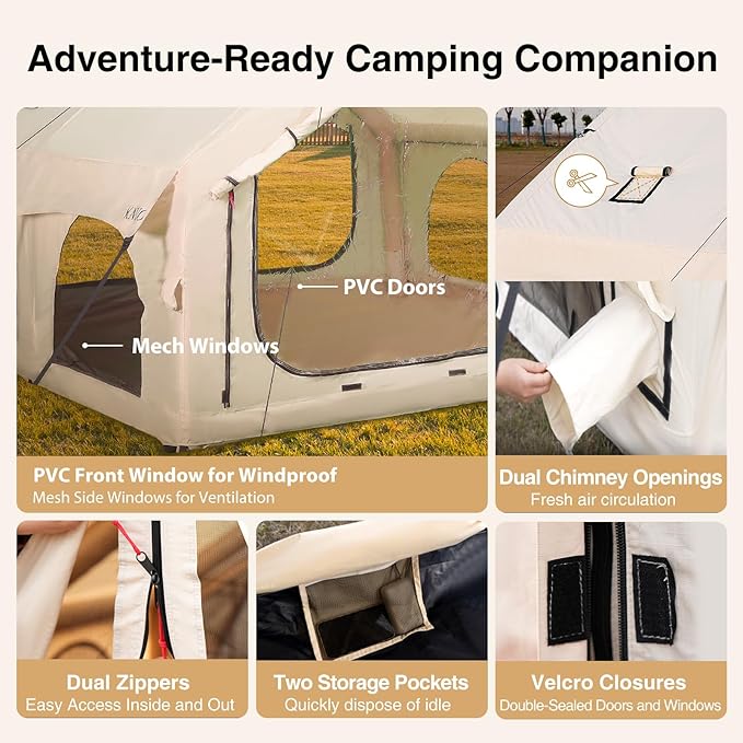 2025 Upgraded Waterproof Inflatable Camping Tent, Large Blow-Up Air Tent, No Assembly Needed Luxury Glamping House, Oxford Fabric