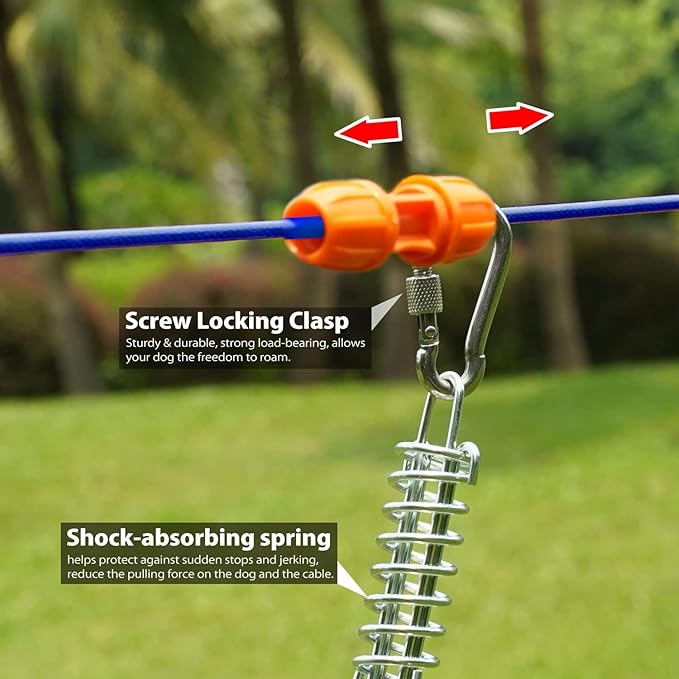 Patented Heavy Duty Dog Tie Out Trolley System Zipline for Small to Large Dogs - 75ft Aerial Runner Cable with 10ft Dog Run Cable and 2 Unique Stoppers for Yard Camping Outdoor
